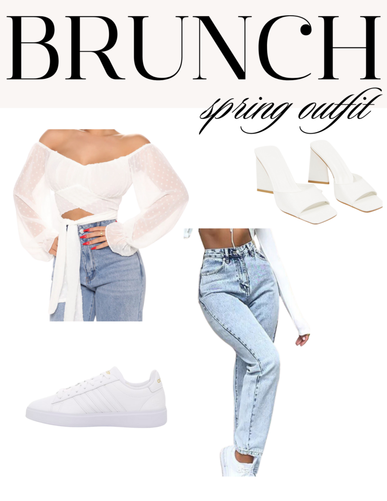 Brunch Spring Outfit 2023, White Off-the-shoulder Top, White Heels, Straight Legged Denim Jeans, White Blouse, Spring Looks