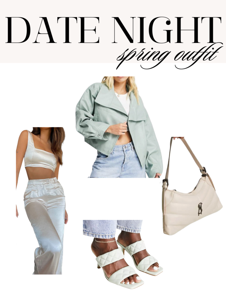 Date night outfit ideas 2023, silk two piece set, spring sets, Steve Madden nude purse, sage Green faux leather jacket, sage green heel sandals