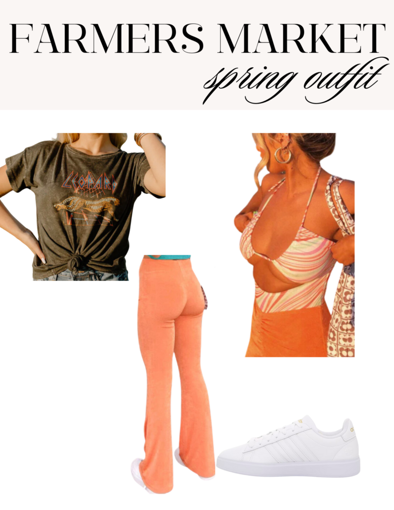 Farmers Market Spring Outfit 2023, Orange Pants, Bodysuit, White tennis shoes, Graphic tee