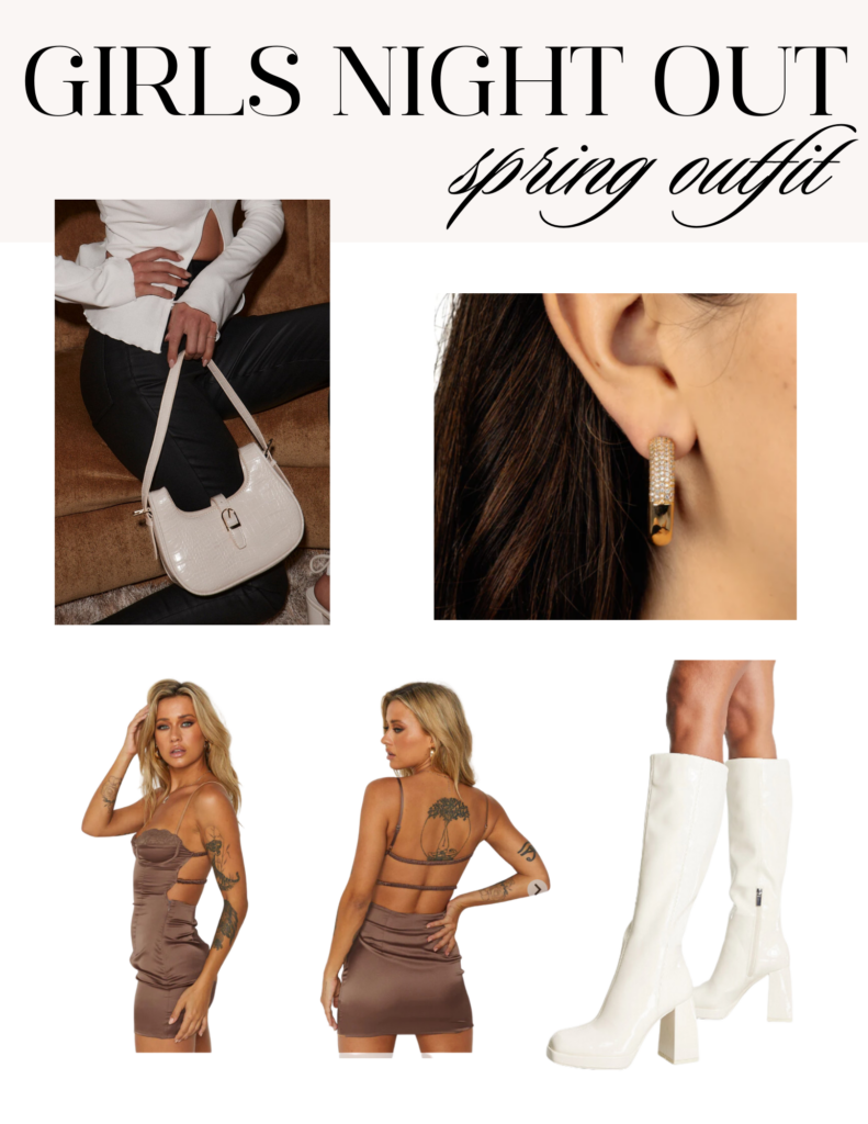 Girls night out outfits, Mini dress, Satin dress, knee high boots, spring night out outfit