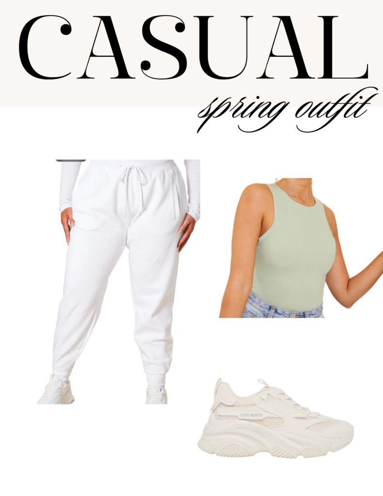 Casual Spring Outfit, Streetwear, White Joggers, Sage Green Bodysuit, White tennis shoes